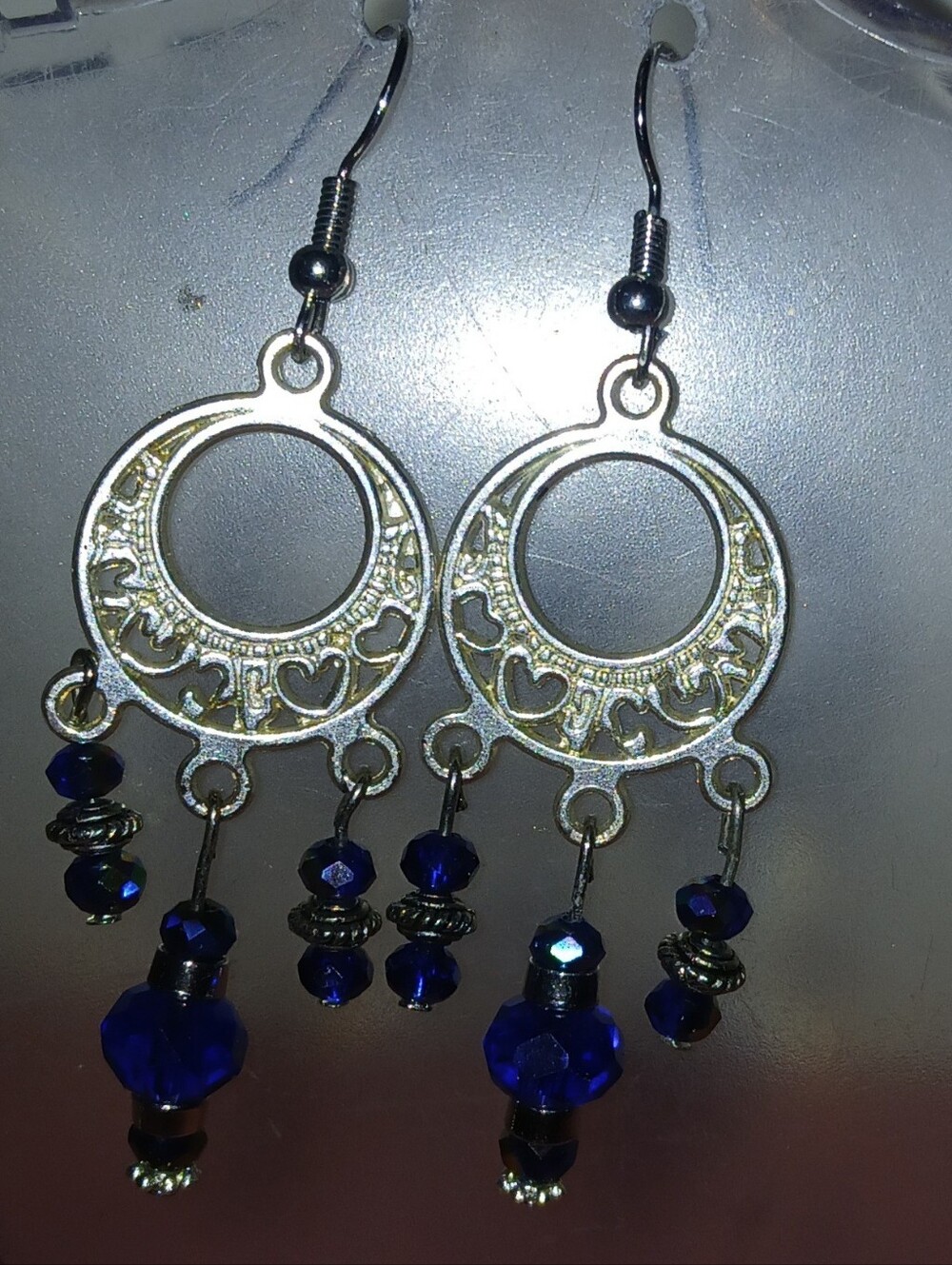 Hand Crafted S1ilver Tone Filigree Hoop Earrings with Royal Blue Faceted Beads